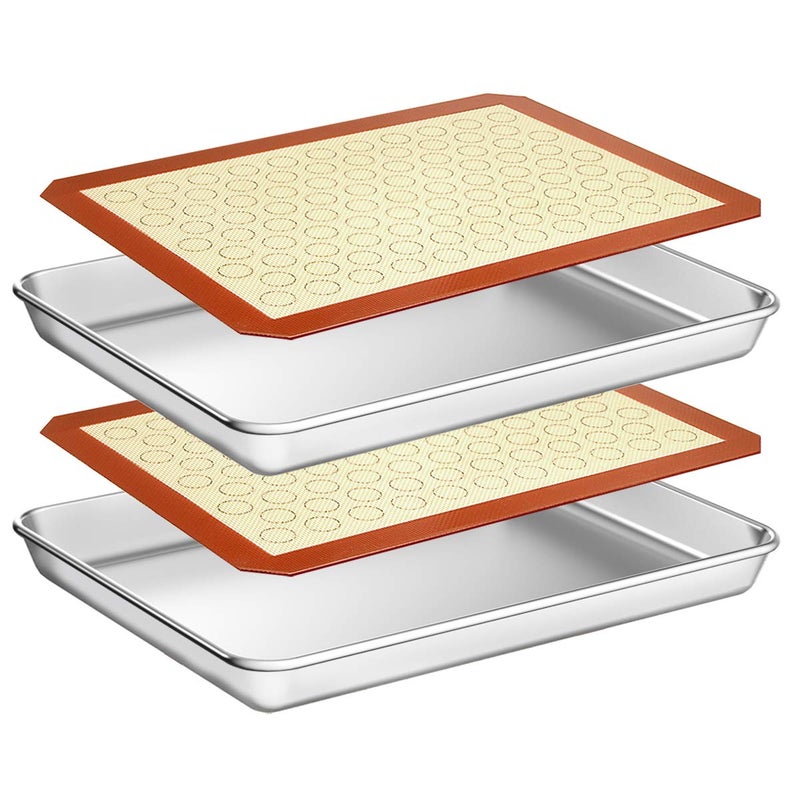 Wildone Baking Sheet with Silicone Mat Set, Set of 4 (2 Sheets + 2 Mats), Wildone Stainless Steel Cookie Sheet Baking Pan with Silicone Mat, Size 10 x 8 x 1 inch, Non Toxic & Heavy Duty & Easy Clean - Image 1